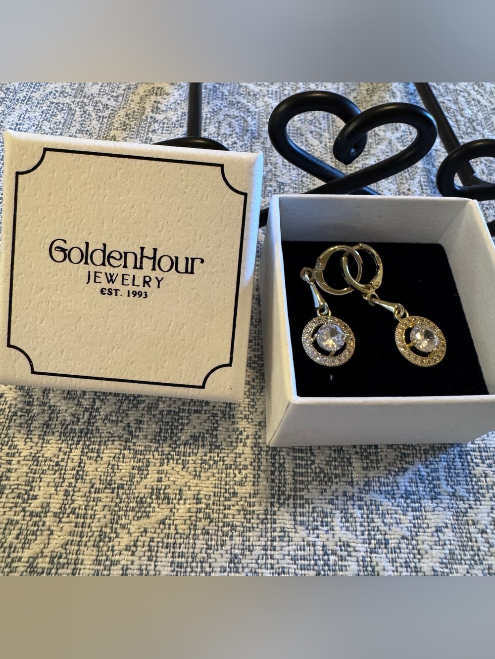 GoldenHour Gold Crystal Halo Drop Earrings with Clear Stones